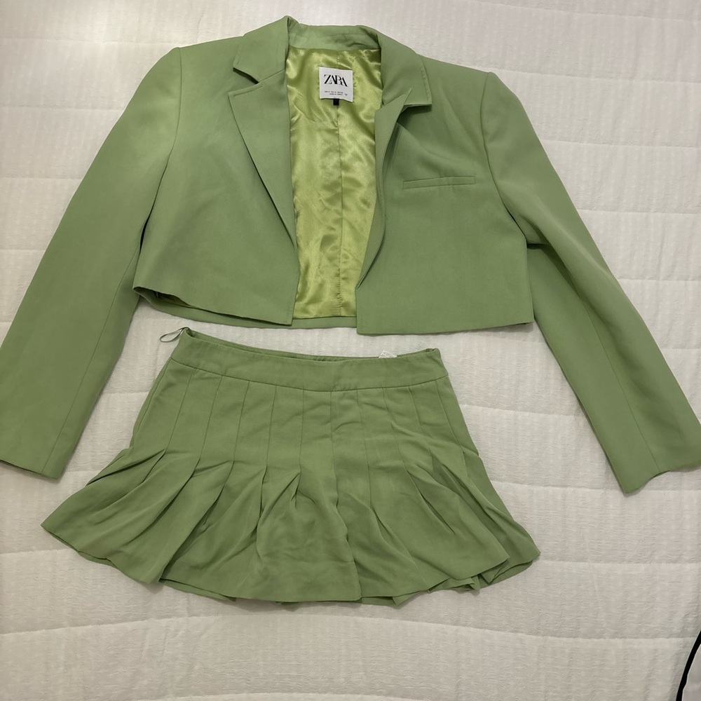 Zara Light Green Blazer and Skirt Set
